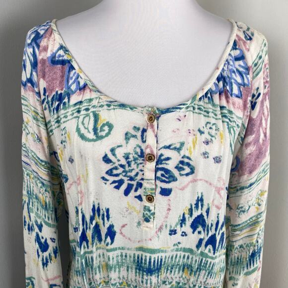 O'Neill Pastel Watercolor Floral Tie Front Boho Scoop Neck Peasant Blouse XL - Picture 2 of 8